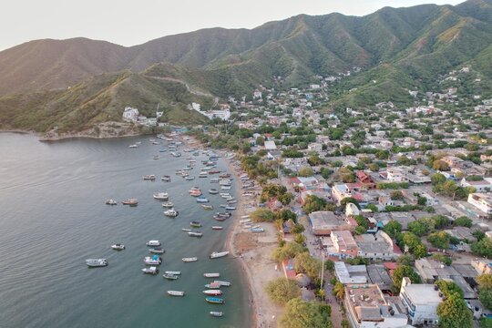 Aerial Sunset View of Taganga Bay and Fishing Village Near Santa Marta Colombia