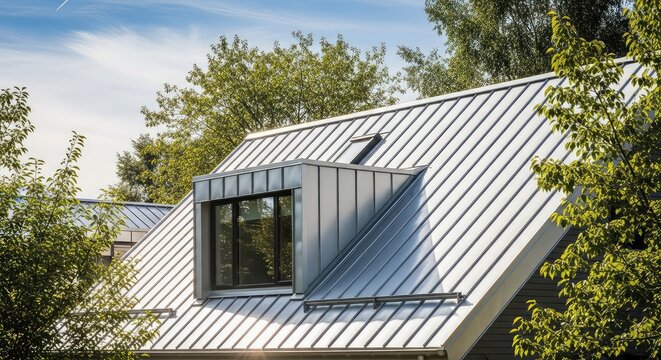 Detail of a reflective silver metal roof and dormer window on a modern suburban house. Sunlight glints off panels near trees and sky, sky, silver, sunlight