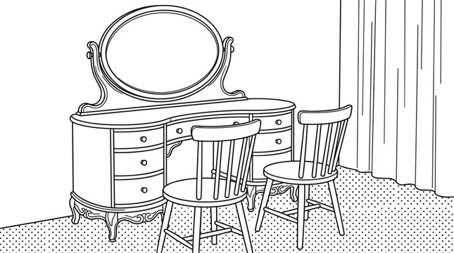 Vintage Wooden Dressing Table with Oval Mirror and Chair Interior Furniture Line Art Vector Illustration for Bedroom Decor and Home Design