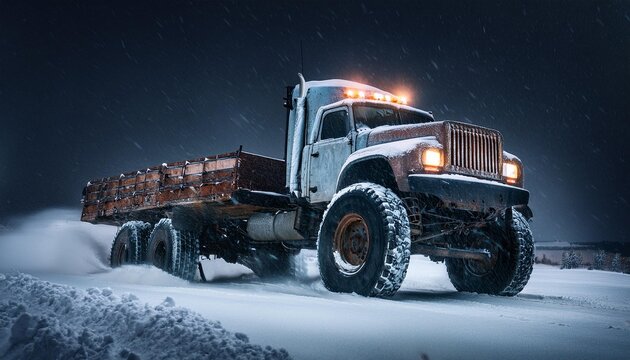 mad max inspired big rig truck riding through night winter