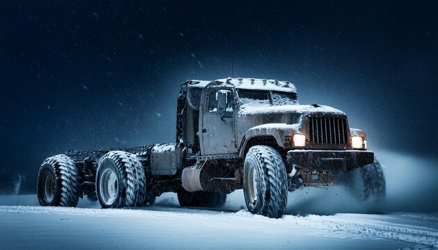 mad max inspired big rig truck riding through night winter