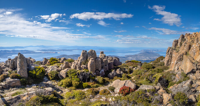 View of the city of Hobart, its harbor and the Derwent river estuary from the summit of Mt. Wellington, Tasmania, Australia