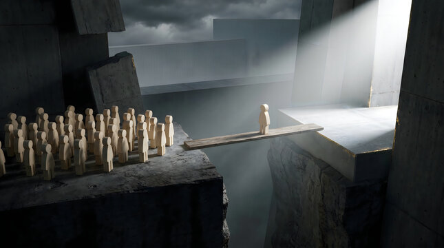 wooden figure crossing a gap from the group to a bright platform
