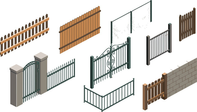 Isometric vector illustration of fences and gates including wooden, metal, wrought iron, and concrete block designs