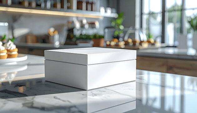 Blank white cardboard gift box sits on a marble countertop in a modern kitchen, ready for customization or branding, bakery serving ware