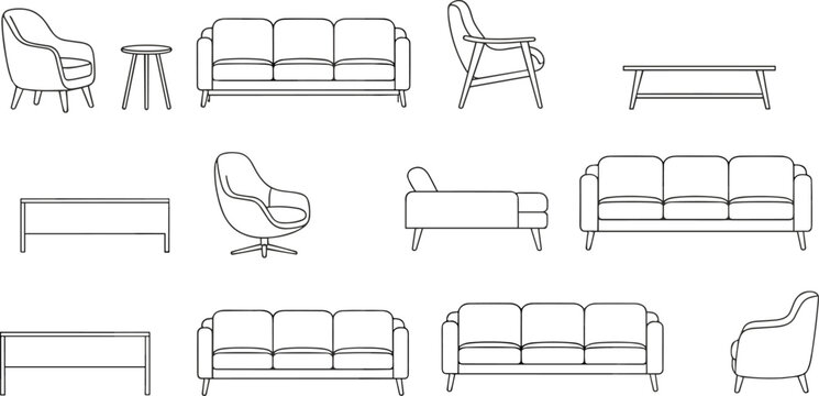 Minimalist vector line drawings of sofas, armchairs, coffee tables, and side tables for interior design visualization