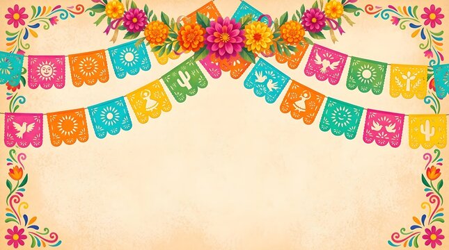 Papel picado banners with flower decoration for Dia de los Muertos celebration. Traditional Mexican festive paper flags and marigold floral border on vintage paper background texture.