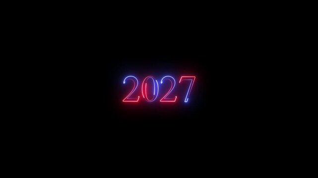 New year 2027 text icon animation glowing neon blue color number anniversary template banner sign signboard holiday code digit rectangle box font letter word on black New year 2027 text icon