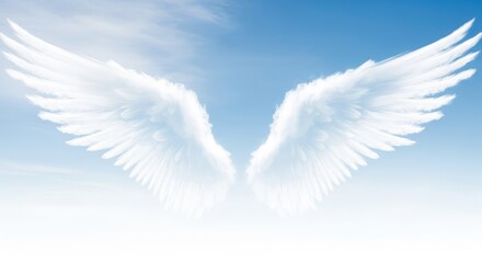 Fototapeta premium Ethereal white cloud formations shaped like wings spread across a soft blue and white background, creating a calm and abstract sky view, celestial, ethereal, texture