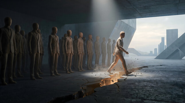 wooden figure escaping conformity through illuminated fracture path