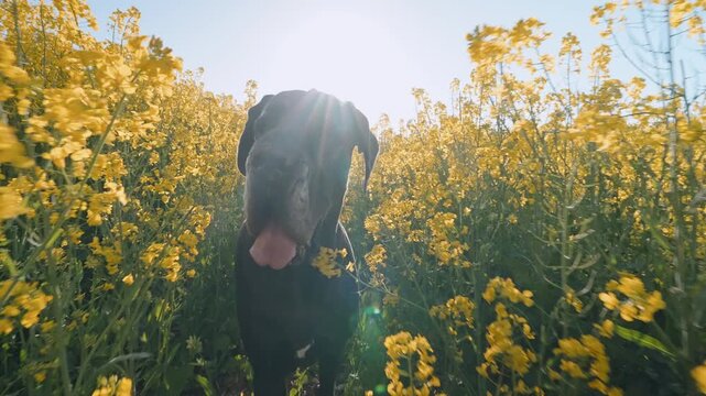 Great Dane Dog Standing Blooming Yellow Rapeseed Field Sunbeams Backlight Spring Countryside Nature Walk Cinematic Slow Motion Silhouette Pet Care Exploration