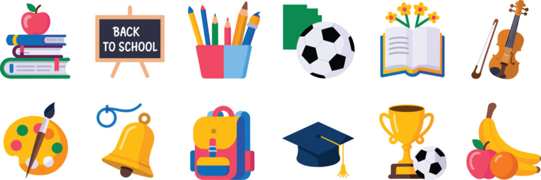 Back to school flat vector illustration icon set featuring books blackboard backpack school bell trophy and art palette
