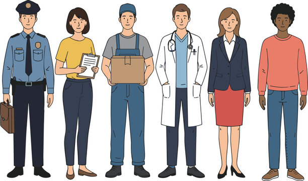 Vector illustration of diverse professions including police officer, delivery worker, doctor, business professional, and casual roles