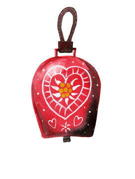 Watercolor illustration of a traditional red Alpine cowbell with heart and edelweiss flower ornament. Hand-painted folk art isolated on white.