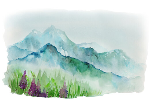 Watercolor mountain landscape with blue misty peaks and wildflowers in the foreground. Serene alpine nature illustration of Tyrol, Austria.