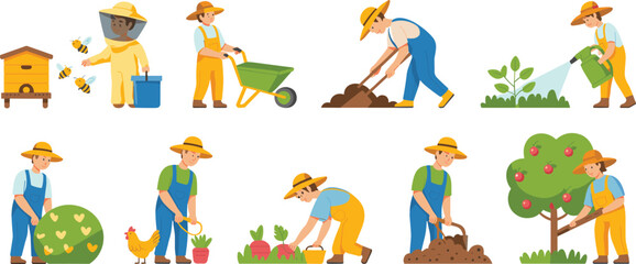 Vector cartoon illustration bundle of farmers working on agriculture farm harvesting apples tending beehive and digging soil © Mst Farida