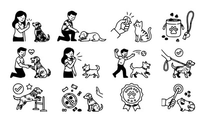 Fototapeta premium Minimal people pet friendship icons vector interaction set