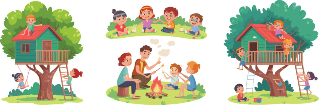 Vector cartoon illustration bundle of happy children playing in treehouses roasting marshmallows by campfire and enjoying park picnics