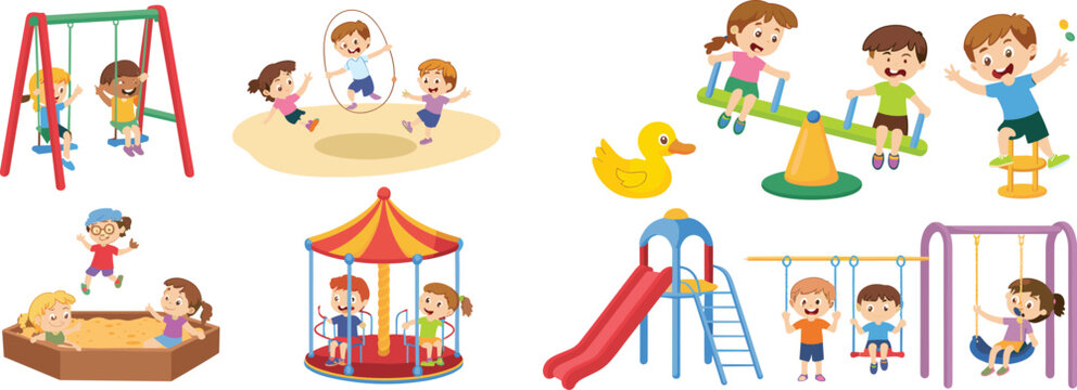 Vector cartoon illustration bundle of happy children playing on playground slides swings seesaw sandbox and carousel equipment