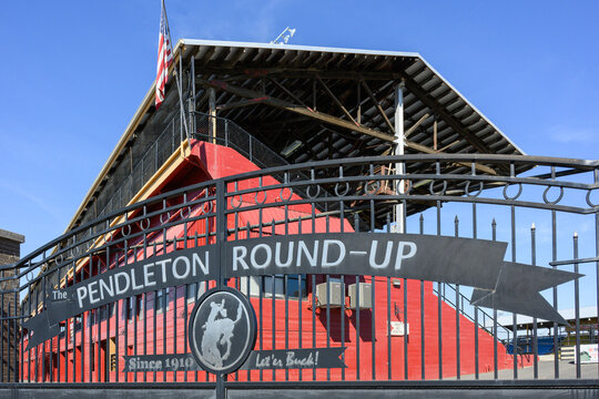 Pendleton, OR, USA - May 1, 2026; Pendleton Round-up gate with main grandstand at Eastern Oregon rodeo ground
