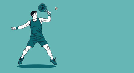 Fototapeta premium Dynamic Padel Player Hitting Ball With Racket Against Turquoise Background