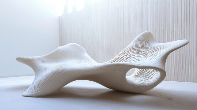 Modern abstract white sculpture with organic flowing lines and intricate patterns.