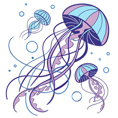 Purple and blue jellyfish swimming in water with bubbles © Badsha