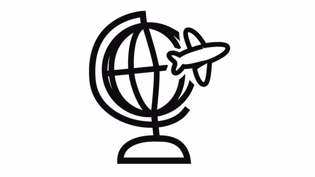 World globe on stand icon with black line art Earth geography cartoon animation isolated on an alpha channel for international travel symbol and education element concept. Seamless looping.
