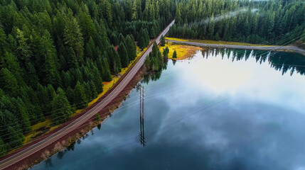 Fototapeta premium Aerial view of a scenic road winding through a dense pine forest next to a calm lake reflecting the cloudy sky and power lines.