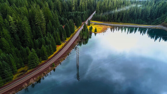 Aerial view of a scenic road winding through a dense pine forest next to a calm lake reflecting the cloudy sky and power lines.