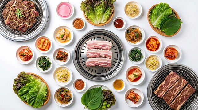 Korean barbecue spread with raw pork belly beef lettuce wraps various kimchi side dishes barbecue vegetable