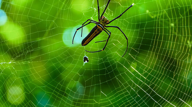 Golden silk orb-weaver spider resting on its intricate web with trapped prey, macro shot against a vibrant green bokeh background.