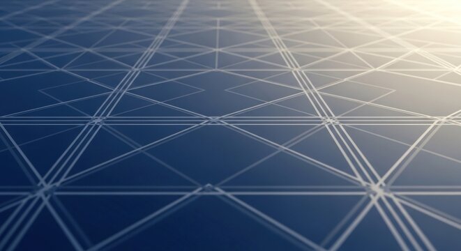 Abstract digital surface displays interwoven geometric lines receding into a bright horizon