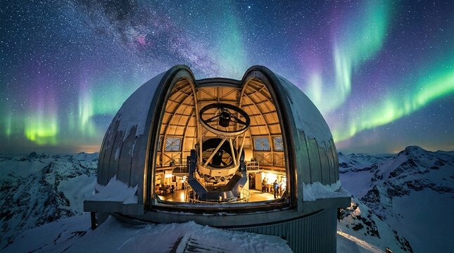 Giant observatory telescope inside snowy mountain peak research station, glowing night sky filled with stars and aurora