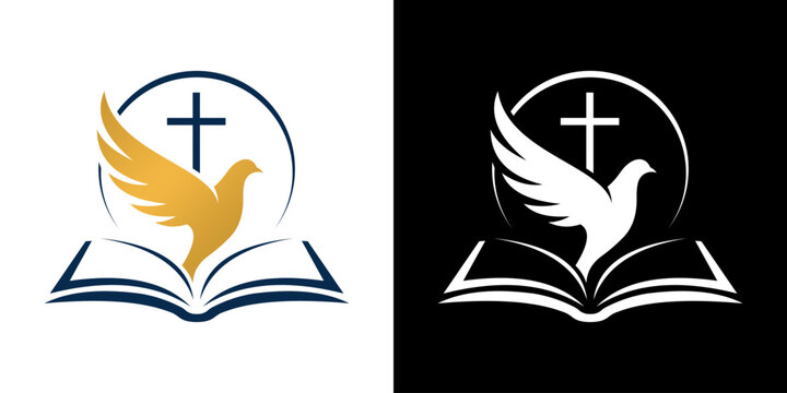Open Book Logo Vector, Flying Bird Silhouette on Bible Icon, Education Publishing Religion Peace Symbol Illustration Isolated on White