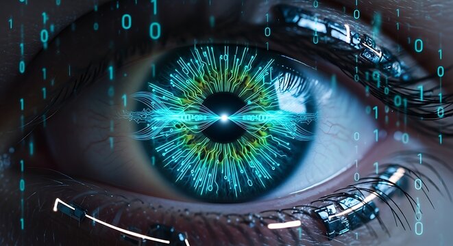 Human eye with digital binary code overlay reflecting cybersecurity and technology