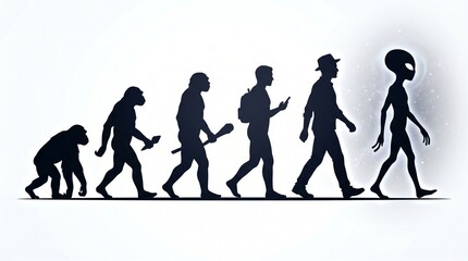 Obraz premium Human Evolution to Modern Alien Silhouette Concept Showing Progress From Primate to Alien