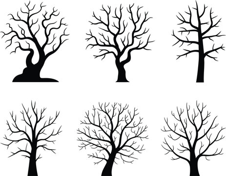 Silhouette leafless trees collection, bare branches illustration set, winter forest design elements, natural tree shapes vector art