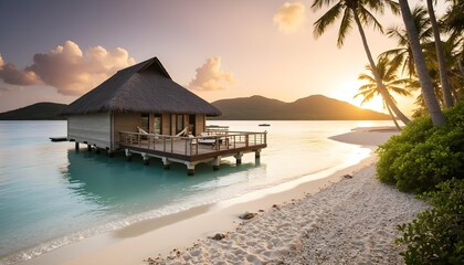 Fototapeta premium Overwater bungalow on tropical beach at sunset with turquoise water