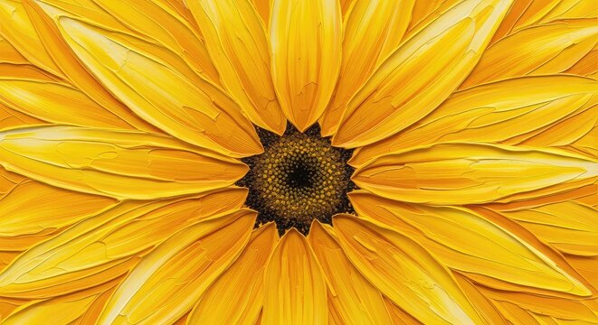 Vibrant abstract painting with radiant yellow and golden hues. Layered brushstrokes mimic sunflower petals, creating depth and dynamic texture, canvas, gold, surface