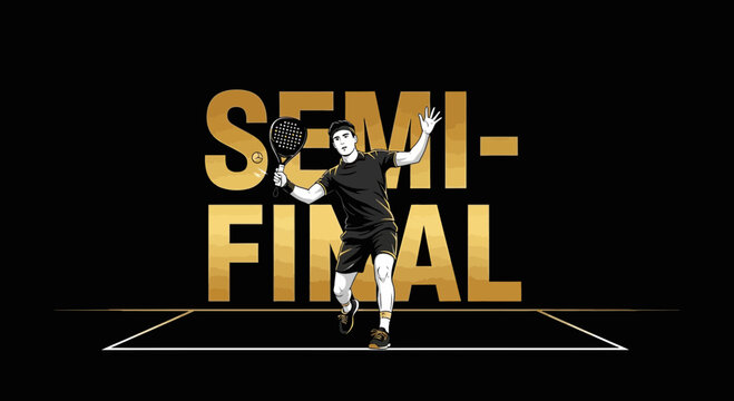 Dynamic Padel Player in the Semifinals Gold-Themed Illustration on Black Background