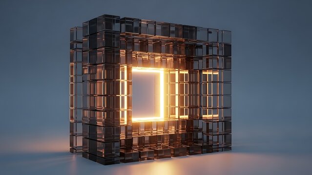 3D glowing cube with illuminated center in dark abstract background