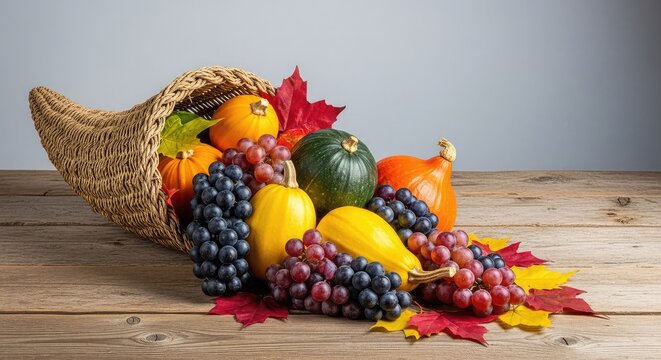 Vibrant autumn bounty spills from a woven horn of plenty, featuring pumpkins, squashes, and grapes on a rustic wooden table for holiday, basket, holiday, arrangement