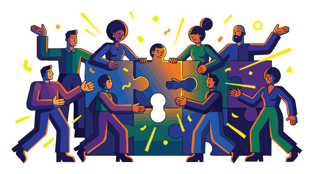 Diverse cross-functional team achieving strategic alignment and collaborative synergy through integrated business solutions in a modern flat illustration style.