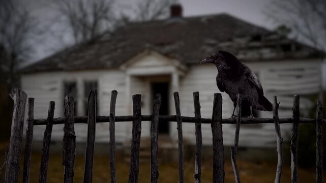 Raven on a wooden fence by deserted house