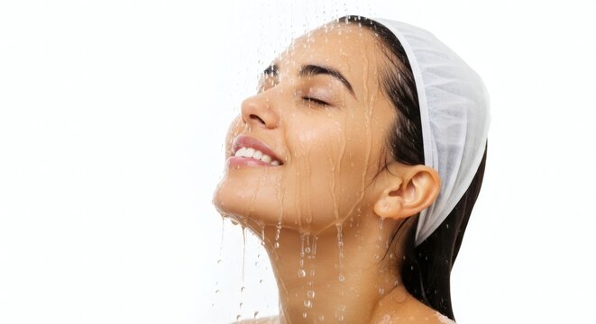 Happy Woman Enjoying Shower Water Flowing Face Shower Cap