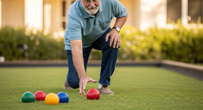 Elderly man playing bocce ball on a sunny day, enjoying a relaxing outdoor activity and social interaction