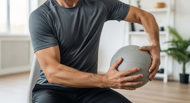 Man holding a medicine ball, demonstrating an exercise for core strength and physical fitness in a well-lit studio room