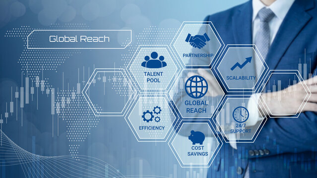 Business professional illustrating global outsourcing benefits with efficiency scalability and cost savings concepts