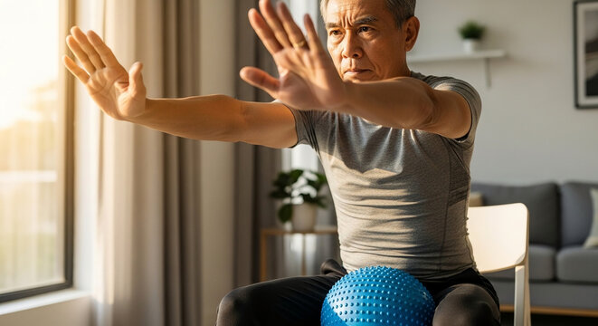 Elderly man with Asian ethnicity exercising at home with a stability ball, practicing gentle movements and focusing on physical well-being
